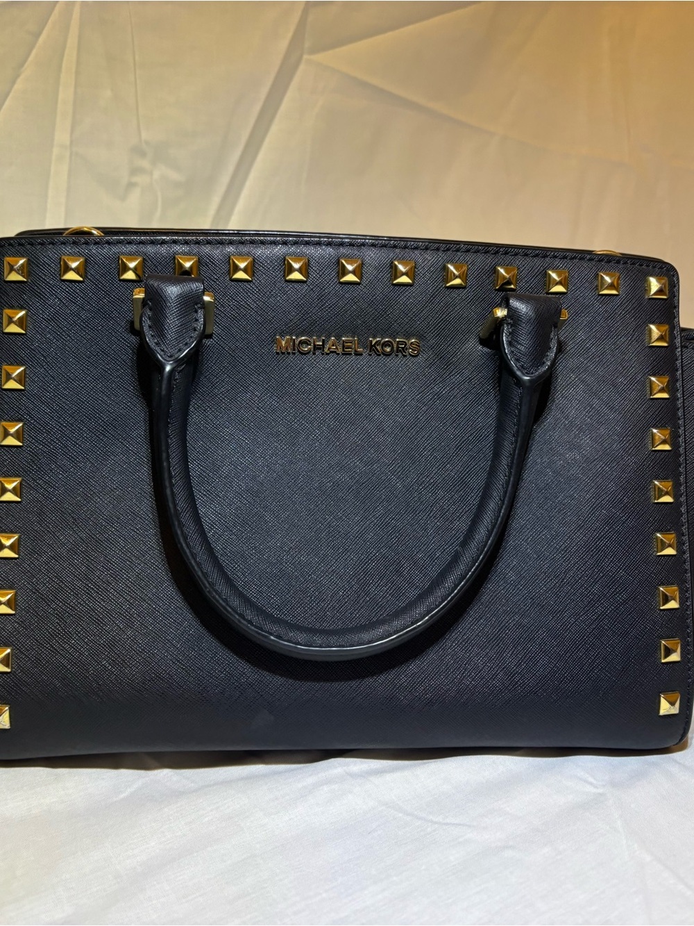 Michael Kors Black Saffiano Leather Satchel with Gold Studs
